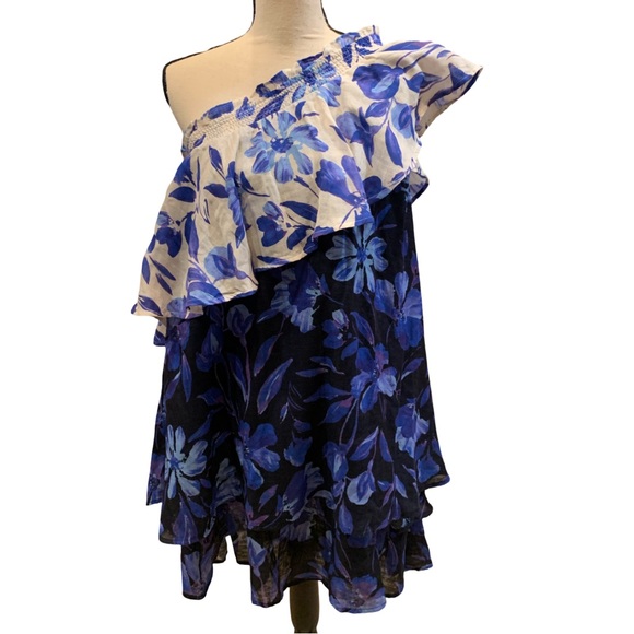 New W/tags By Anthropologie Easy One-Shoulder Dress size L blue floral dress - Picture 2 of 6